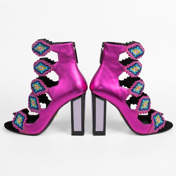 Kat Maconie Thea Metallic Fuchsia Pink Leather Embroidered Aztec Sandals sz 8 - Picture 4 of 11
